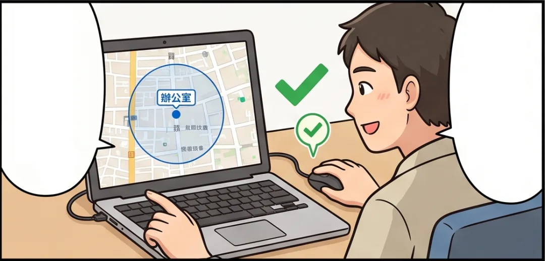 阿哲在筆電上設定公司工作地點，地圖上有辦公室座標與打卡範圍