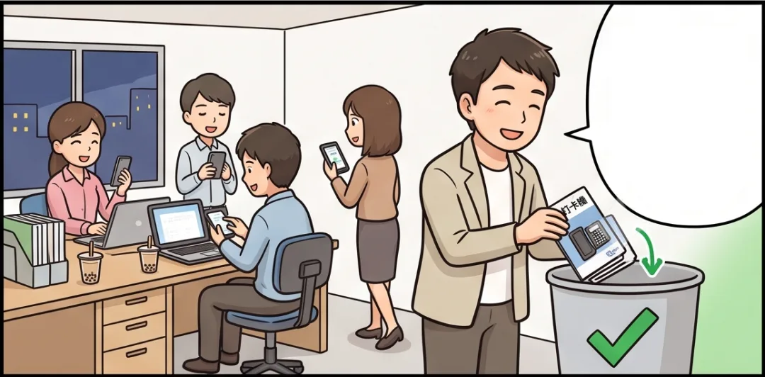 下班時間員工依序用手機打卡，阿哲把打卡機報價單丟進回收桶