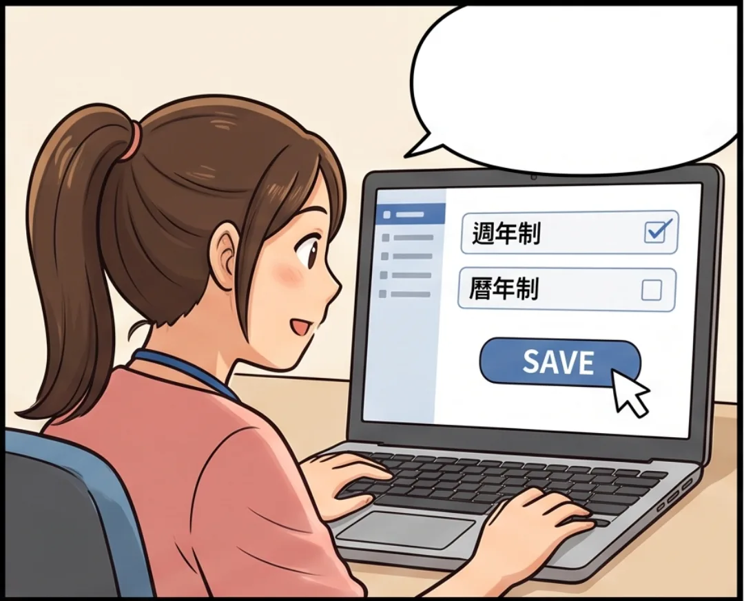 美琪在筆電設定公司特休制度，畫面顯示特休制度設定頁