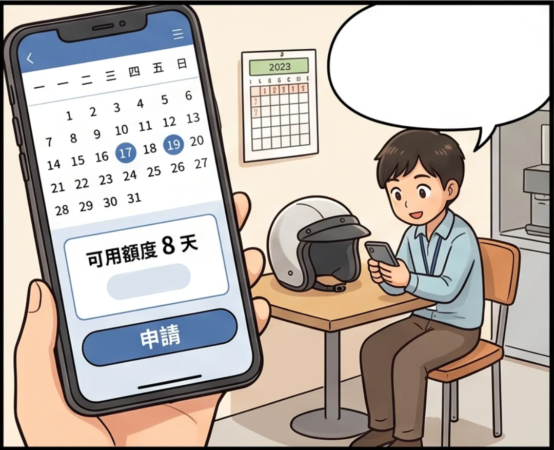 員工用手機申請特休，畫面顯示可用額度 8 天