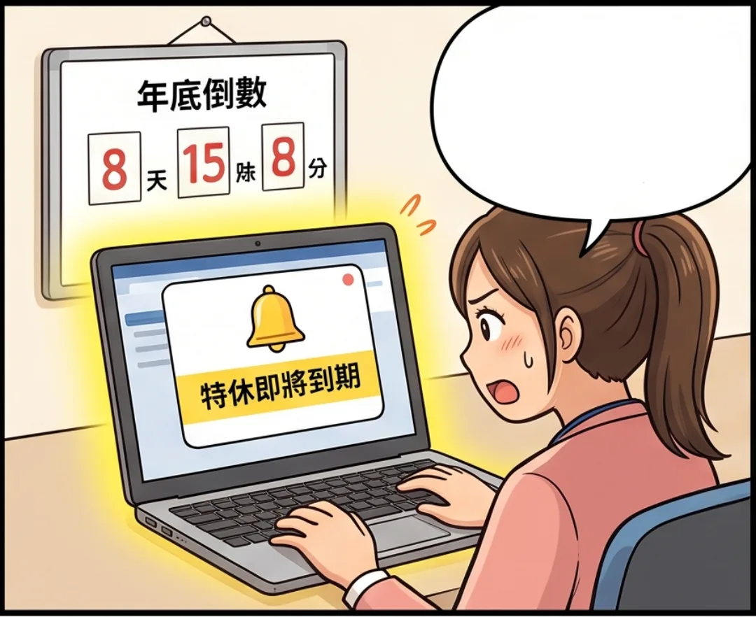 美琪收到特休即將到期提醒，畫面出現鈴鐺與黃色提示