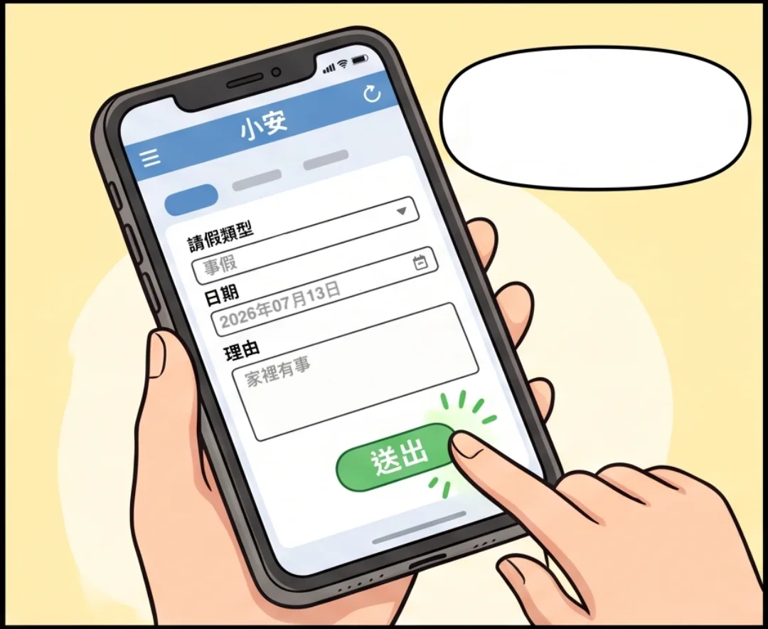員工小安用手機送出請假申請，畫面有假別、日期與原因