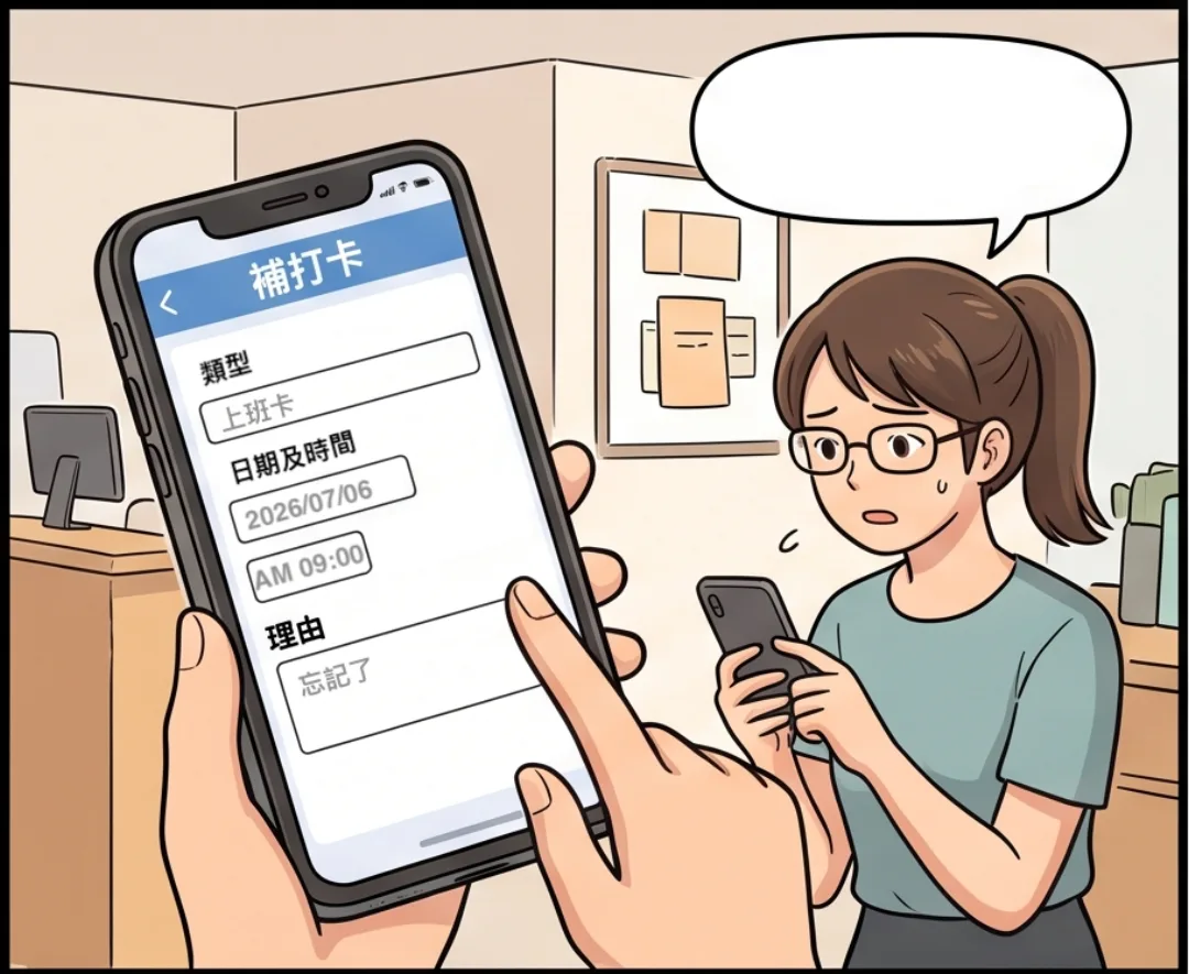 忘記打卡的員工用手機送出補打卡申請，選擇日期與時間