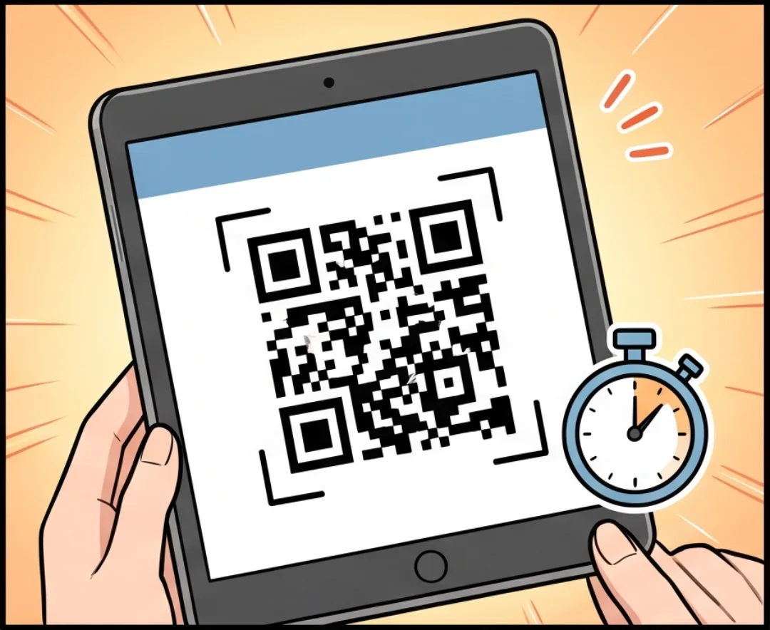 平板螢幕特寫顯示 QR Code 與倒數計時，QR Code 每分鐘自動更換