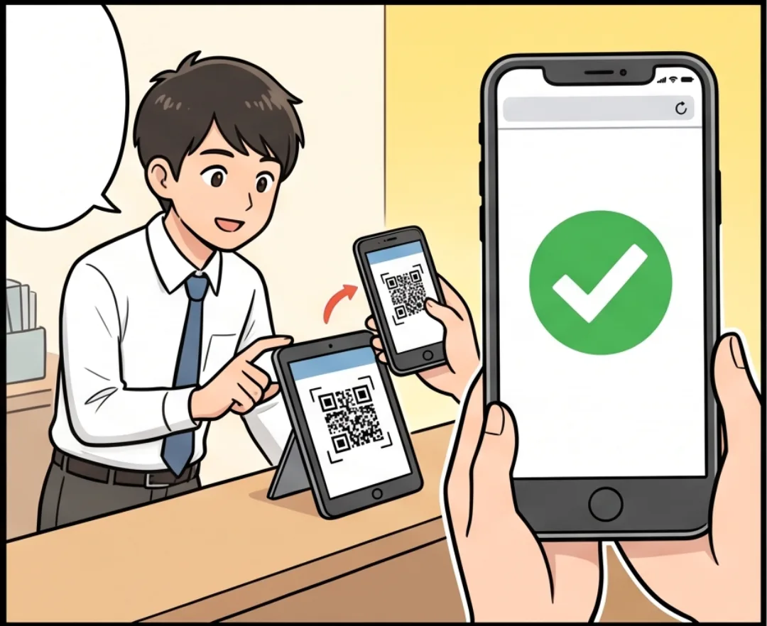 員工早上走進事務所，用手機相機掃描平板上的 QR Code，打卡出現綠色勾勾