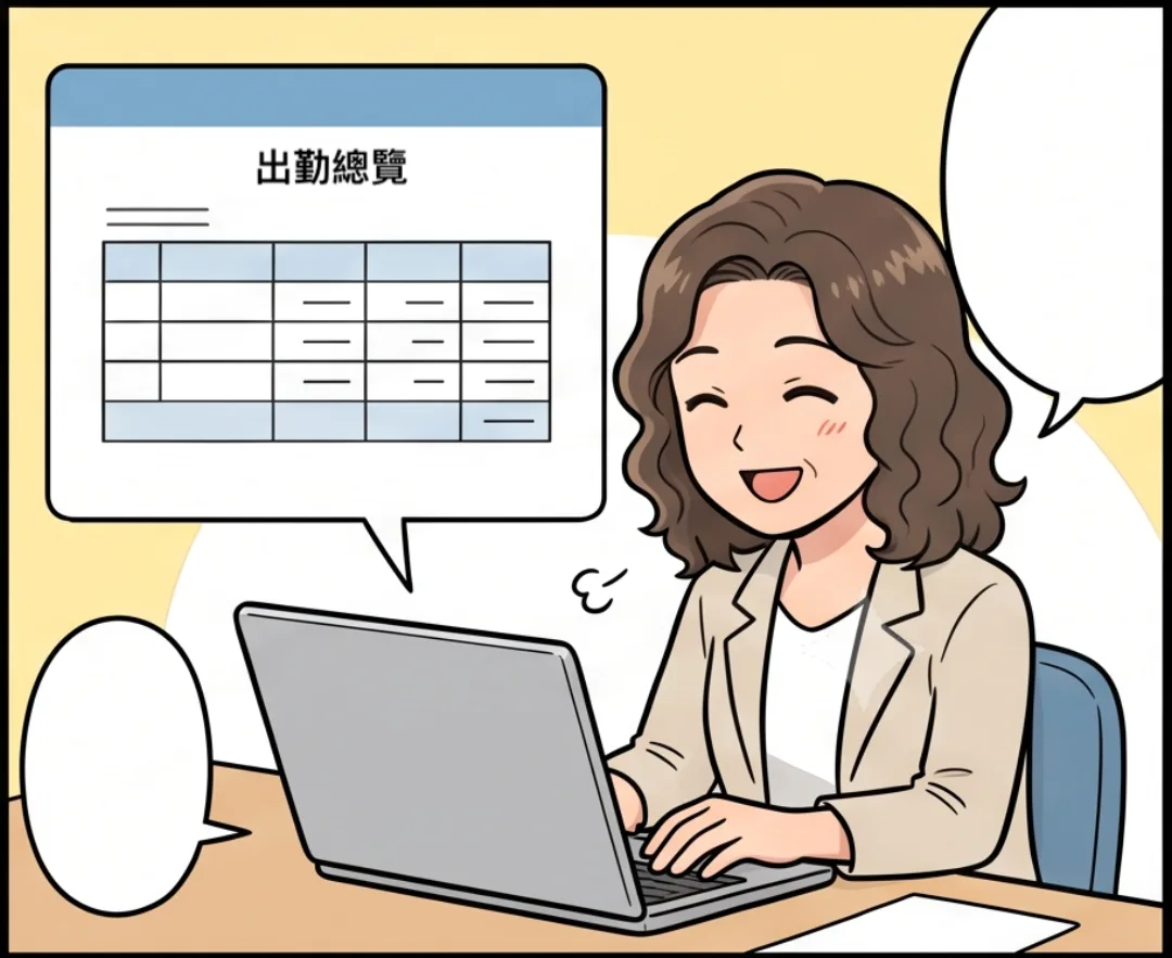 淑芬在筆電看打卡紀錄，每筆都有掃碼標記與綠色勾勾